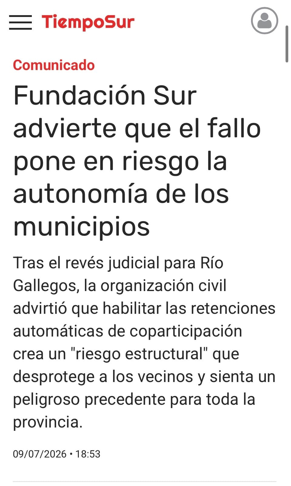 FUNDACION SUR ADVIERTE QUE EL FALLO PONE EN RIESGO LA AUTONOMIA DE LOS MUNICIPIOS