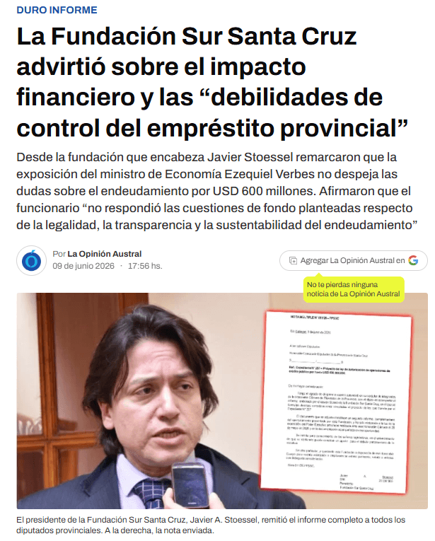 La Fundación Sur Santa Cruz advirtió sobre el impacto financiero y las “debilidades de control del empréstito provincial”