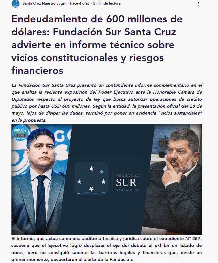Endeudamiento de 600 millones de dólares: Fundación Sur Santa Cruz advierte en informe técnico sobre vicios constitucionales y riesgos financieros